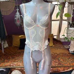 Vintage 80s ivory & pink sheer lace mesh corset bustier with garter straps